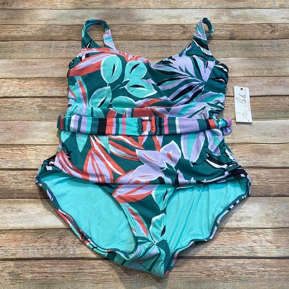 Anne Cole Tropical Belted Scoop Neck Swimsuit - Picture 2 of 4